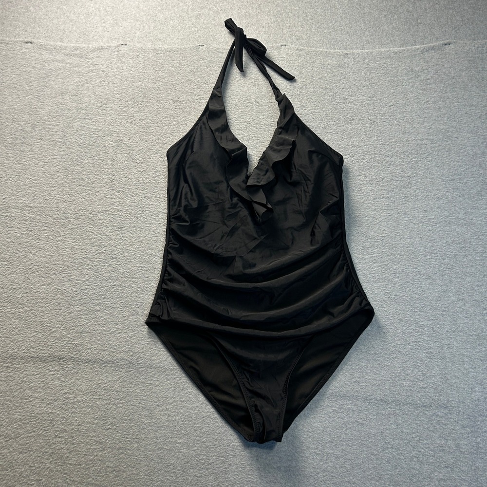 Halter One Piece Swimsuit Womens XL Black Ruffle Ruched Tummy Control‎ Swimwear